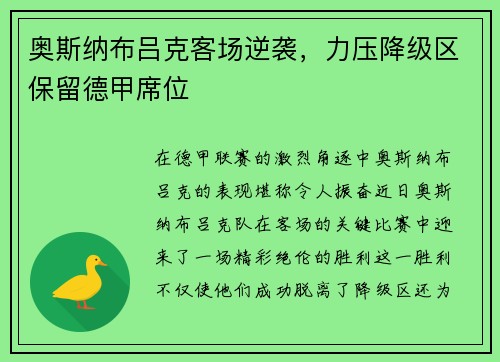 奥斯纳布吕克客场逆袭，力压降级区保留德甲席位